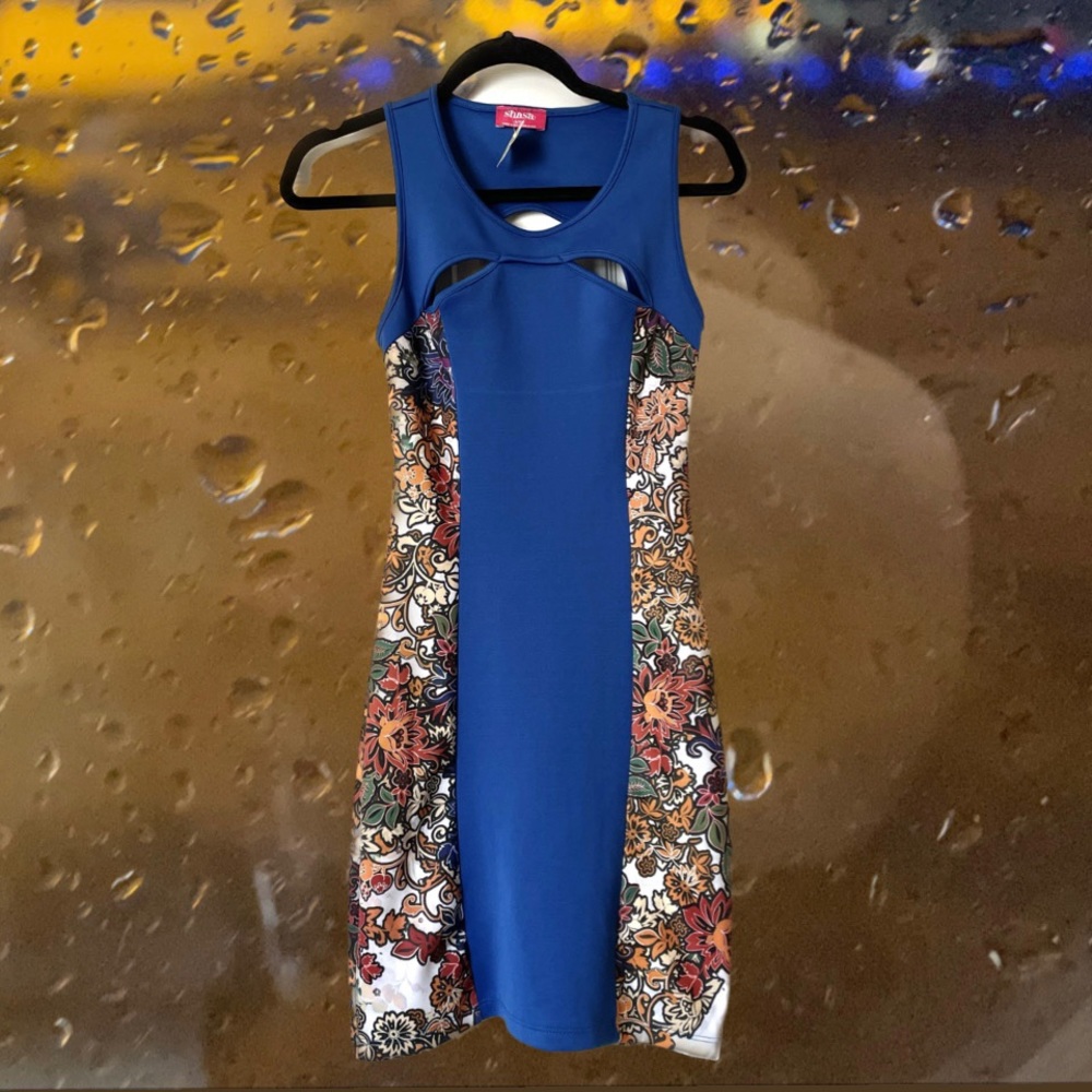 NWT Blue Cutout Keyhole Floral Bodycon Clubbing Party Pencil Sleeveless Dress